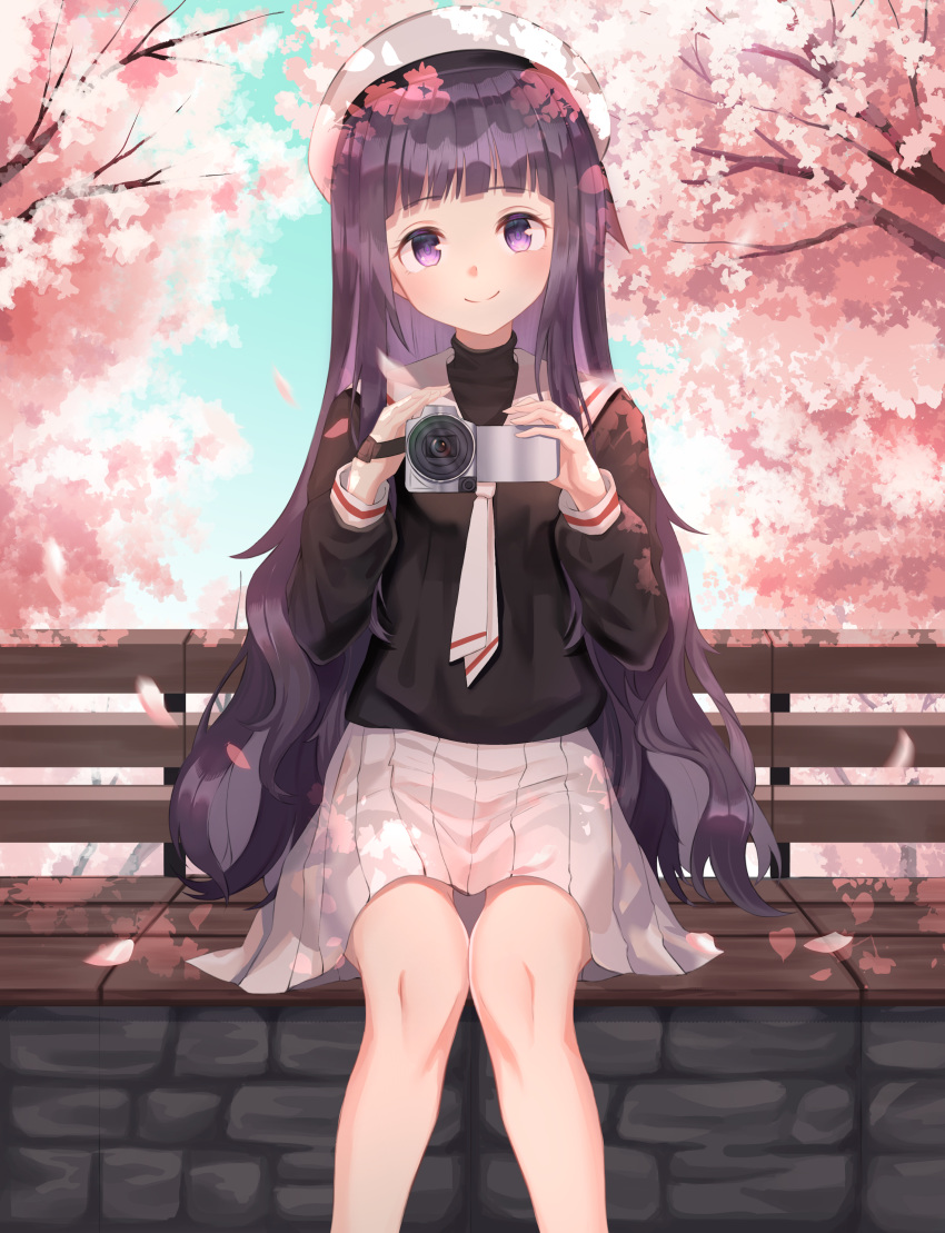 1girl absurdres bangs black_shirt blunt_bangs camera cardcaptor_sakura cherry_blossoms commentary_request daidouji_tomoyo eyebrows_visible_through_hair feet_out_of_frame hat highres holding holding_camera junkt729 long_hair long_sleeves looking_at_viewer necktie outdoors pleated_skirt shirt sitting skirt smile solo violet_eyes wavy_hair white_headwear white_neckwear white_skirt