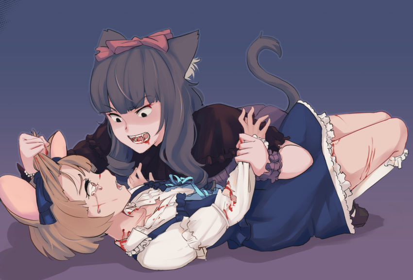 2girls abuse angry animal_ears arm_grab bite_mark black_eyes black_hair blood blood_in_mouth blood_on_face bloody_clothes bloody_hair bloody_hands blue_background blue_bow bow bracelet brown_eyes brown_hair cat_ears cat_girl cat_tail commentary crying crying_with_eyes_open dress eye_contact fangs hair_bow hair_grab hair_pull highres hiwonoafu injury jerry_(tom_and_jerry) jewelry long_hair looking_at_another lying mouse_ears mouse_girl multiple_girls on_back open_mouth personification red_bow scared scratches shaded_face shadow shoes short_hair simple_background socks tail tears tom_(tom_and_jerry) tom_and_jerry torn_clothes white_legwear yuri
