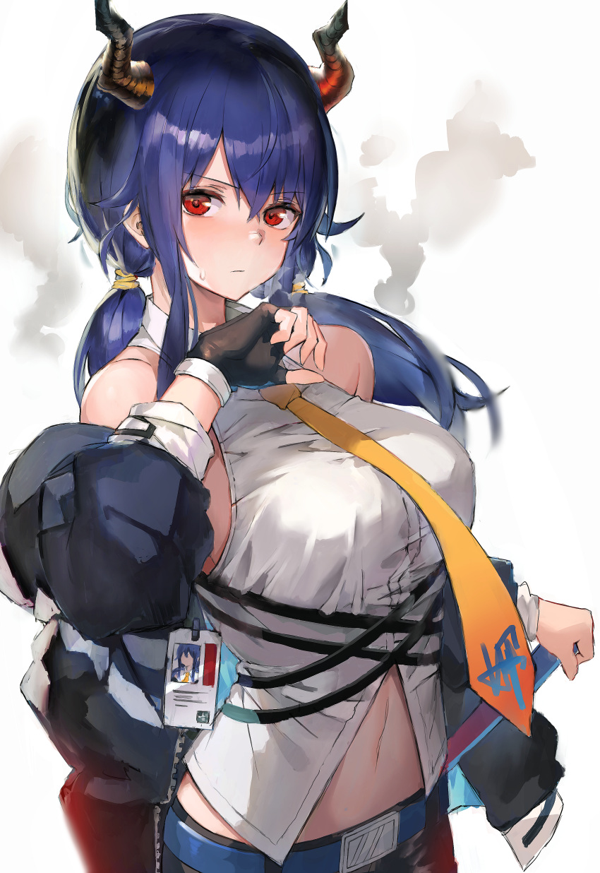 1girl 666_(ro_ro_ro3) absurdres arknights bangs bare_shoulders belt black_gloves blue_belt blue_hair breasts ch'en_(arknights) commentary_request dragon_horns eyebrows_visible_through_hair fingerless_gloves gloves hair_between_eyes hand_up highres horns huge_filesize id_card large_breasts long_hair looking_at_viewer low_twintails navel necktie red_eyes revision shirt sidelocks solo twintails upper_body white_shirt yellow_neckwear