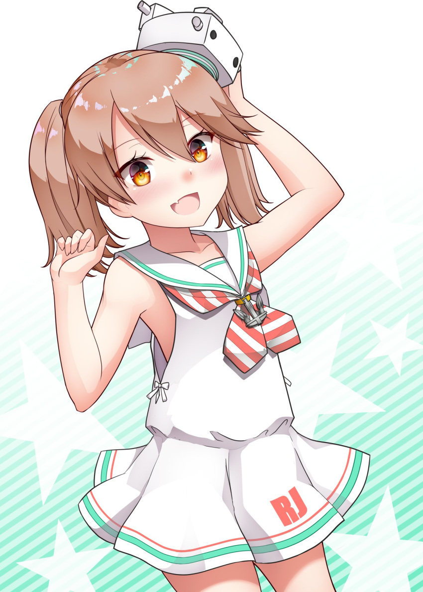 1girl :d anchor_necklace arm_up bangs bare_arms bare_shoulders blush brown_eyes brown_hair character_name collarbone cosplay cowboy_shot diagonal-striped_neckwear diagonal_stripes dress eyebrows_visible_through_hair fang fingernails gradient gradient_background hair_between_eyes hand_up hat highres kantai_collection kirigakure_(kirigakure_tantei_jimusho) long_hair looking_at_viewer maestrale_(kantai_collection) maestrale_(kantai_collection)_(cosplay) mini_hat neckerchief open_mouth pleated_dress ribbon ryuujou_(kantai_collection) sailor_collar sailor_dress sleeveless sleeveless_dress smile solo star starry_background striped striped_background striped_neckwear twintails white_background white_dress white_ribbon white_sailor_collar