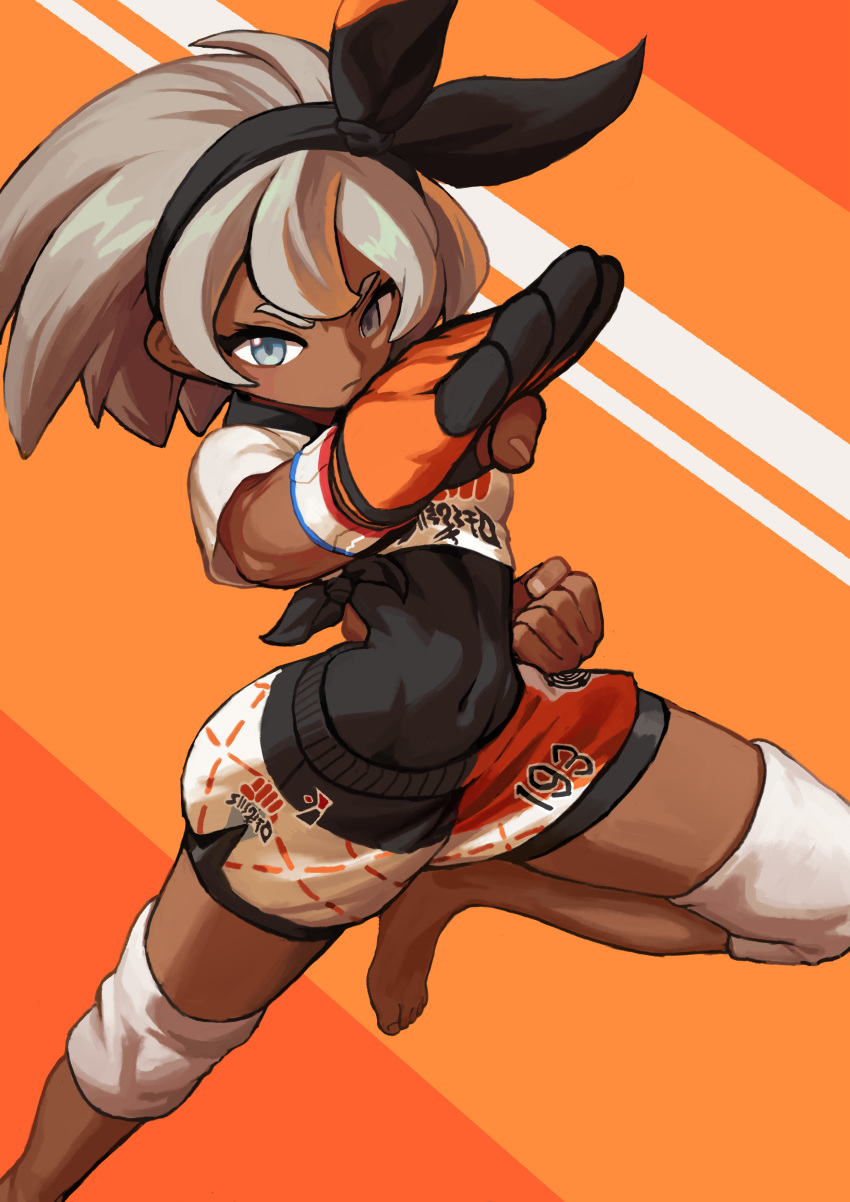 1girl absurdres barefoot black_bodysuit black_hairband bodysuit bodysuit_under_clothes commentary_request covered_navel dark_skin gloves grey_eyes grey_hair gym_leader hairband highres knee_pads looking_at_viewer orange_gloves pokemon pokemon_(game) pokemon_swsh print_shorts rladbsckd92 saitou_(pokemon) short_hair shorts single_glove solo two-tone_gloves