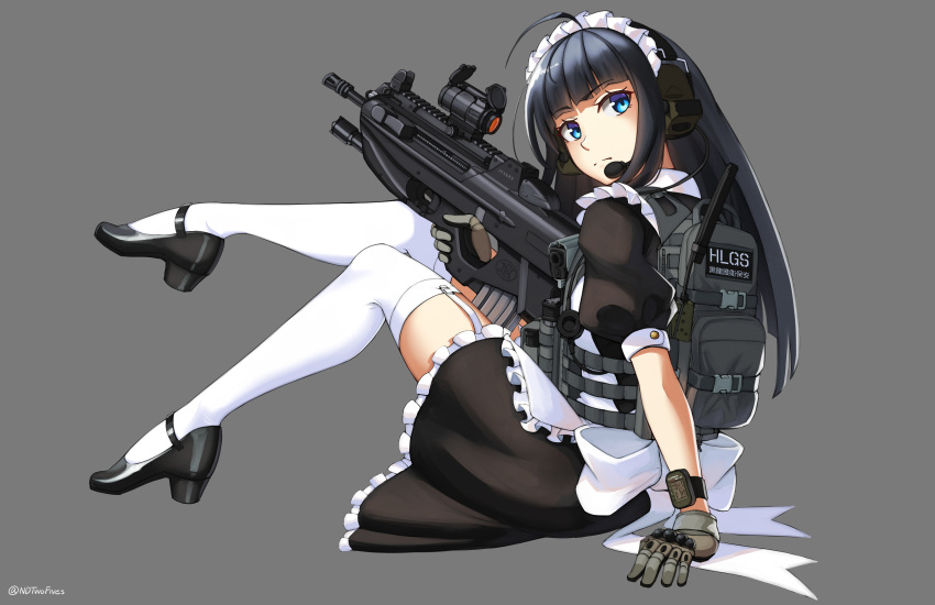 1girl ahoge apron arm_support assault_rifle backpack bag bangs black_dress black_footwear black_hair blue_eyes bullpup commentary dress ear_protection eyebrows_visible_through_hair fn_f2000 frilled_apron frilled_dress frills full_body garter_straps gloves grey_background grey_gloves gun headset high_heels highres holding holding_gun holding_weapon long_hair looking_at_viewer looking_back maid maid_apron maid_headdress ndtwofives original puffy_short_sleeves puffy_sleeves rifle scope shoes short_sleeves simple_background solo thigh-highs twitter_username very_long_hair weapon white_apron white_legwear