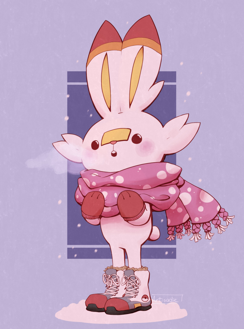 :o artisadie black_eyes bunny_focus commentary creature english_commentary full_body gen_8_pokemon highres no_humans pokemon pokemon_(creature) rabbit scarf scorbunny shoelaces shoes sneakers snow snowing solo standing winter_clothes