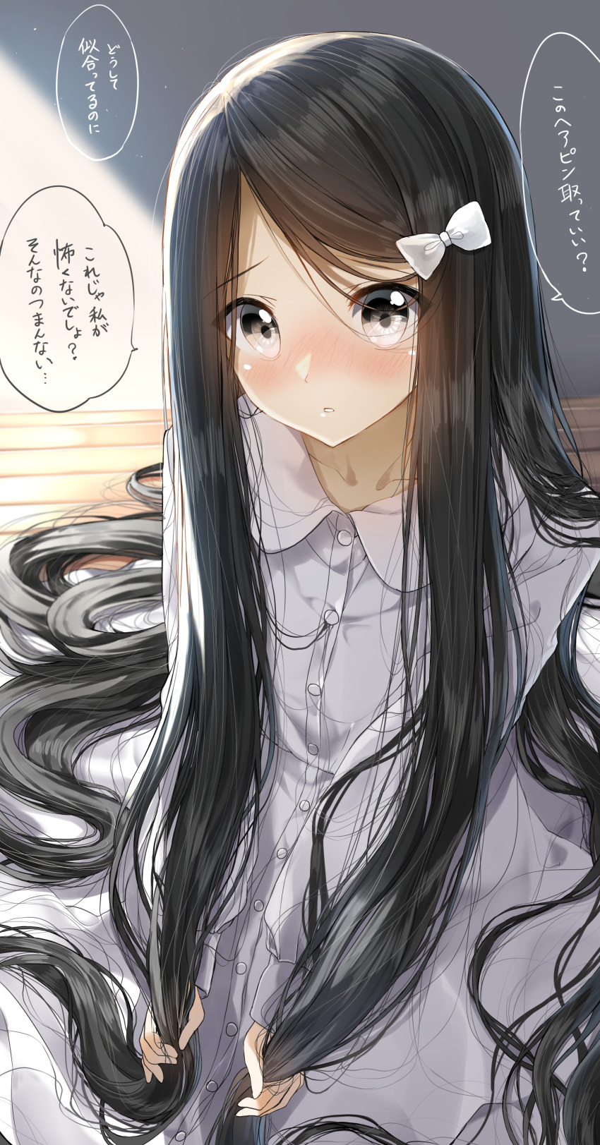 1girl absurdly_long_hair absurdres bangs black_hair blush bow collarbone collared_dress commentary_request dress eyebrows_visible_through_hair grey_eyes hair_bow highres holding holding_hair indoors long_hair long_sleeves looking_at_viewer on_floor parted_lips pentagon_(railgun_ky1206) sleeves_past_wrists solo swept_bangs the_ring translated very_long_hair white_bow white_dress wooden_floor yamamura_sadako