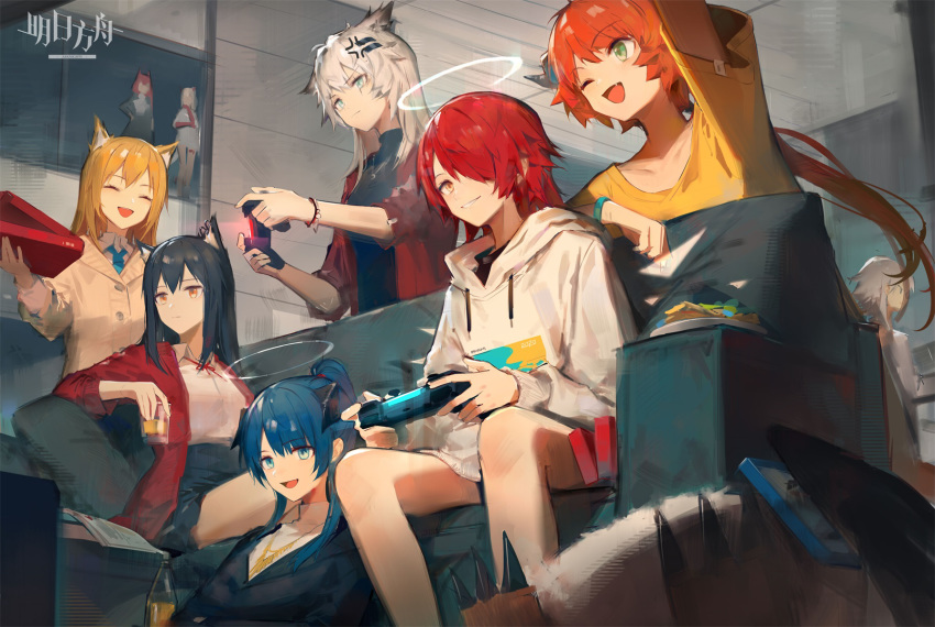 6+girls alternate_costume anger_vein animal_ears anniversary arknights controller couch cow_horns croissant_(arknights) demon_horns exusiai_(arknights) game_console game_controller halo highres horns huanxiang_heitu lappland_(arknights) mostima_(arknights) multiple_girls official_art playing_games scar scar_across_eye sora_(arknights) texas_(arknights) wolf_ears