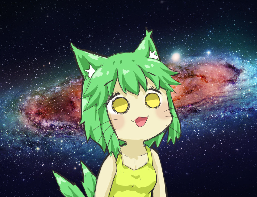 1girl animal_ear_fluff animal_ears bangs breasts cat_ears cat_girl cat_tail collarbone commentary_request eyebrows_visible_through_hair galaxy greenteaneko greenteaneko-chan highres open_mouth original small_breasts solo space space_cat_(meme) star_(sky) tail tank_top upper_body whiskers yellow_eyes yellow_tank_top