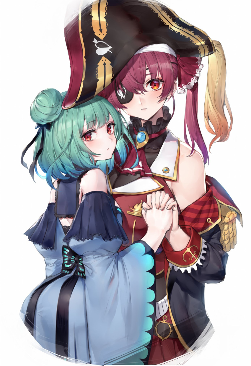 2girls bodysuit cowboy_shot detached_sleeves double_bun dress eyebrows_visible_through_hair eyepatch frilled_dress frills gradient_hair green_hair hair_ribbon hat highres holding_hands hololive houshou_marine jewelry looking_at_viewer multicolored_hair multiple_girls off-shoulder_coat orange_eyes oyu_(sijimisizimi) parted_lips pirate_hat red_eyes redhead ribbon shirt short_eyebrows sleeveless sleeveless_shirt twintails upper_body uruha_rushia virtual_youtuber