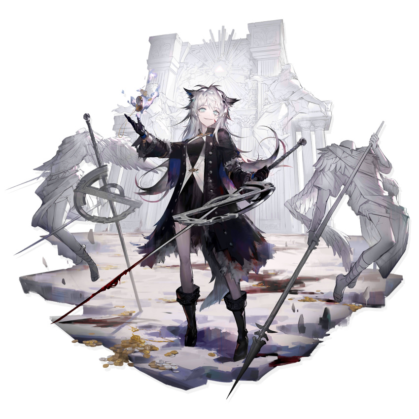 1girl alternate_costume animal_ears arknights bangs bare_legs black_coat black_dress black_footwear black_gloves boots coat dress eyebrows_visible_through_hair gloves grey_eyes grin hand_up highres holding holding_sword holding_weapon huanxiang_heitu lappland_(arknights) long_hair looking_at_viewer official_art open_clothes open_coat planted_sword planted_weapon sharp_teeth shirt short_dress silver_hair smile solo sword teeth transparent_background weapon white_shirt wolf_ears