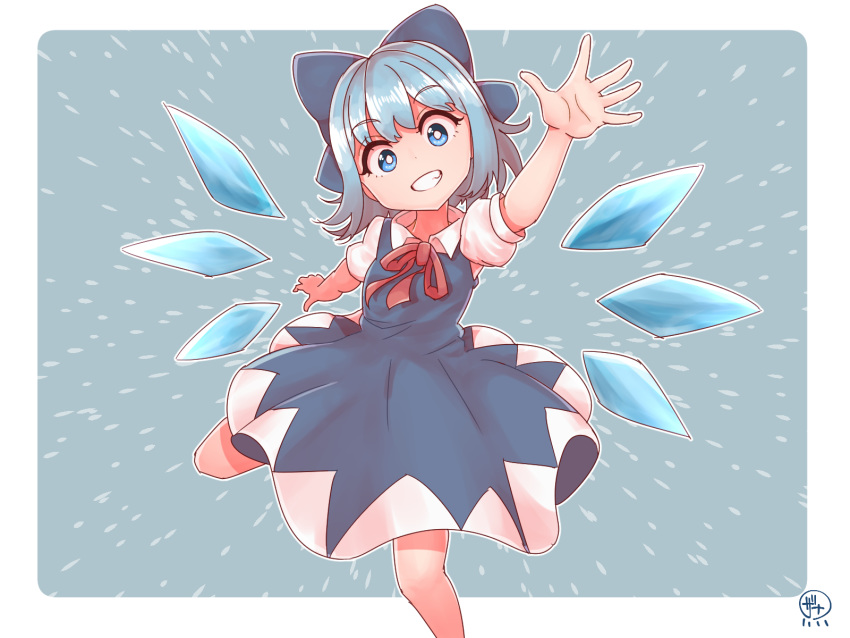 1girl arm_behind_back arm_up artist_name blue_dress blue_eyes blue_hair bright_pupils cirno commentary cropped_legs dress emphasis_lines eyebrows_visible_through_hair folded_leg grey_background grin hair_ribbon head_tilt highres looking_at_viewer outstretched_hand pinafore_dress puffy_short_sleeves puffy_sleeves red_neckwear red_ribbon ribbon shirt short_hair short_sleeves simple_background smile solo standing standing_on_one_leg teeth touhou white_pupils white_shirt wings zanasta0810