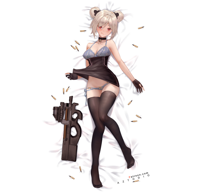 1girl :q artist_name azto_dio bed_sheet black_choker black_gloves black_legwear black_skirt blush bow bow_panties brown_hair bullpup cartridge choker closed_mouth collarbone dakimakura double_bun from_above full_body girls_frontline gloves gun high-waist_skirt highres lifted_by_self lying on_back on_bed p90 p90_(girls_frontline) panties partly_fingerless_gloves purple_panties purple_ribbon red_eyes ribbon short_hair side-tie_panties skirt skirt_lift smile solo submachine_gun thigh-highs tongue tongue_out underwear watermark weapon web_address yellow_bow