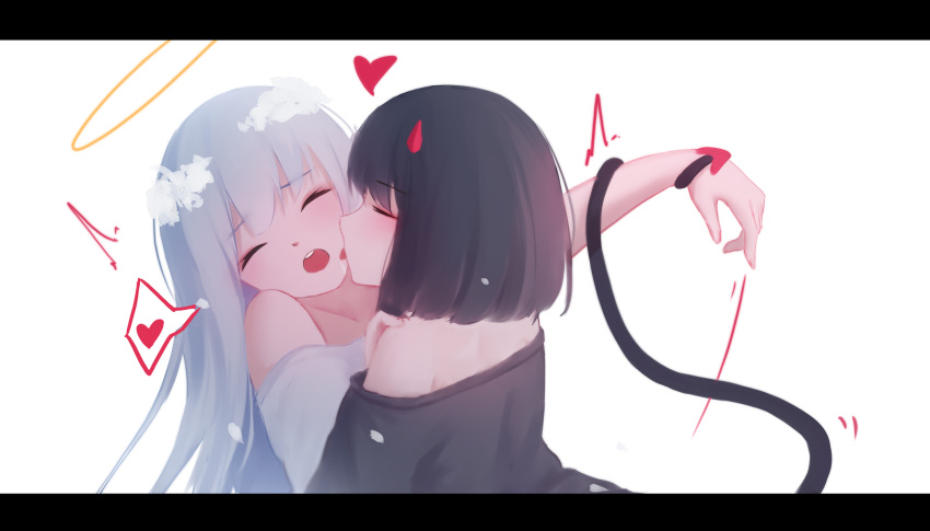 2girls bangs bare_shoulders black_hair black_shirt blush commentary demon_horns demon_tail face_licking hair_ornament halo highres horns licking long_hair medium_hair multiple_girls original red_horns restrained shimmer shirt simple_background tail tongue tongue_out upper_teeth white_background white_hair yuri