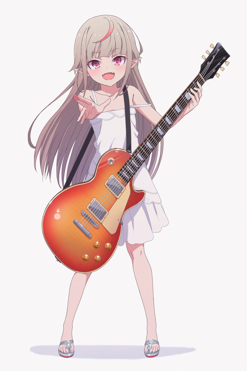 1girl bare_shoulders blush commentary dress electric_guitar eyebrows_visible_through_hair full_body gibson grey_hair guitar highres holding holding_instrument instrument les_paul long_hair looking_at_viewer makaino_ririmu multicolored_hair nijisanji open_mouth outstretched_arm plectrum pointy_ears red_eyes redhead sabamen sandals shadow sidelocks simple_background sleeveless sleeveless_dress smile solo strap_slip streaked_hair virtual_youtuber white_background white_dress