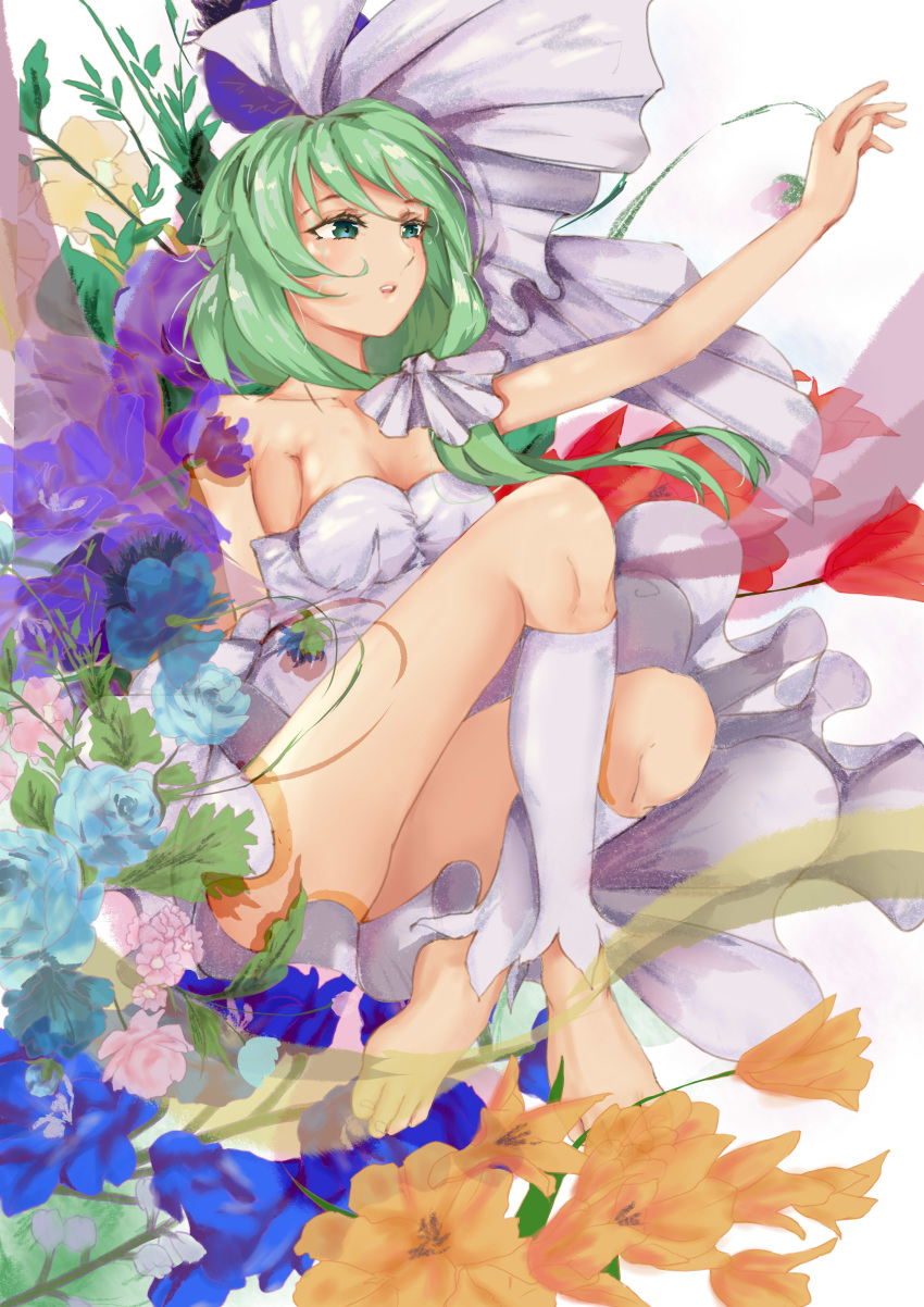 absurdres barefoot bow dress feet flower front_ponytail green_eyes green_hair hair_bow hand_up highres kagiyama_hina open_mouth touhou