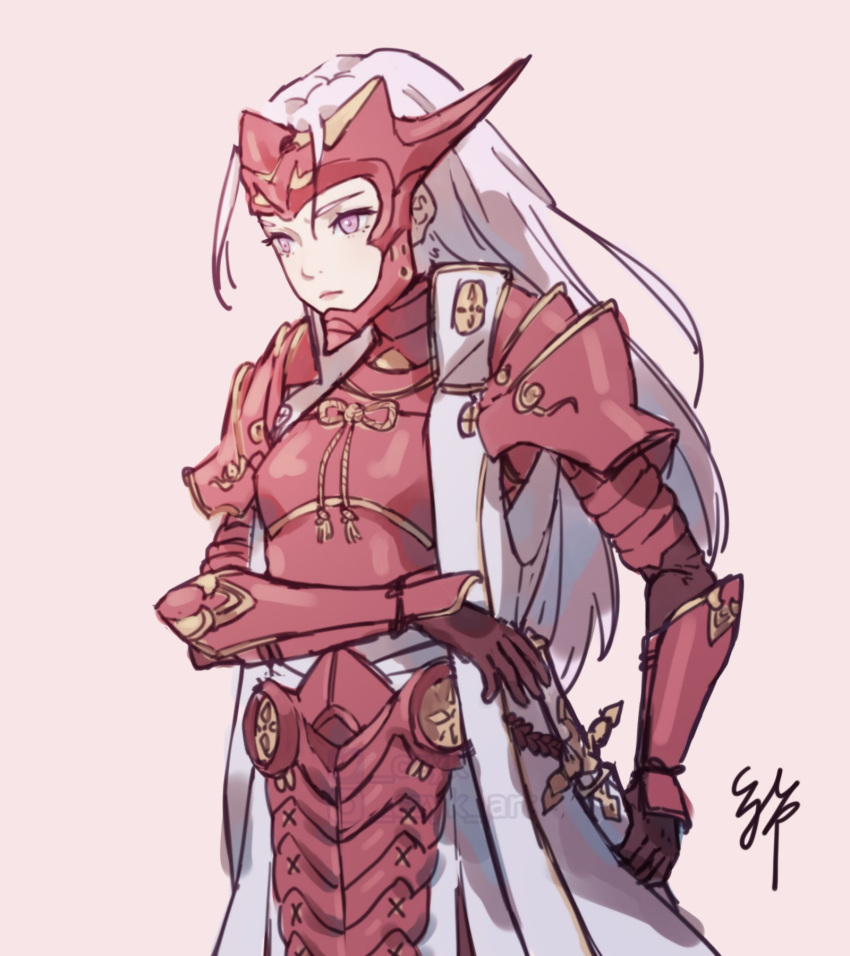 1girl armor breasts cosplay czyk edelgard_von_hresvelg fire_emblem fire_emblem:_three_houses fire_emblem_heroes highres lips long_hair red_armor ryoma_(fire_emblem) ryoma_(fire_emblem)_(cosplay) simple_background small_breasts solo sword violet_eyes weapon