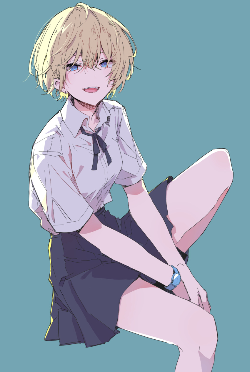 1girl blonde_hair blue_eyes commentary highres leg_up looking_at_viewer monsieur original pleated_skirt shirt short_hair simple_background sitting skirt smile solo watch watch