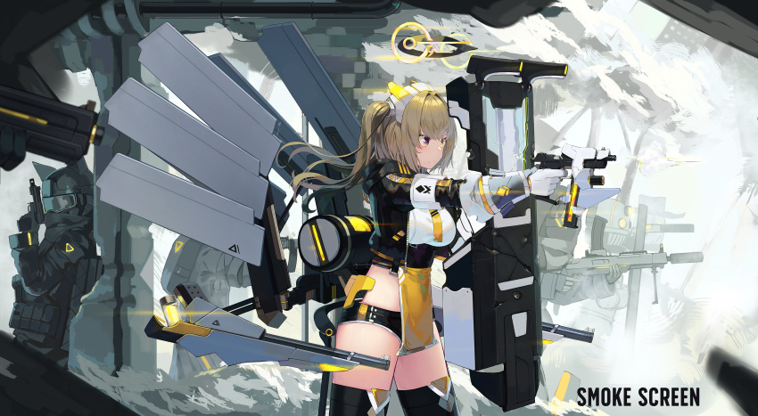 1girl 1other absurdres black_jacket black_legwear black_shorts blonde_hair breasts cowboy_shot crop_top cropped_jacket gun hair_intakes headgear heterochromia highres holding hood hood_down hooded_jacket jacket large_breasts long_hair looking_away machinery mecha_musume mechanical_wings micro_shorts midriff natori_youkai one_side_up open_clothes open_jacket original shield shirt shorts solo_focus standing thigh-highs thighs underbust violet_eyes weapon white_shirt wings yellow_eyes