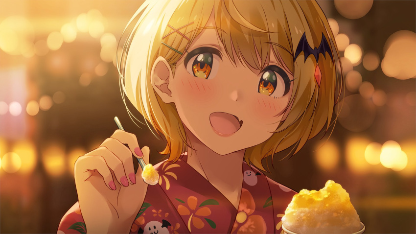 1girl ahoge alternate_costume bat_hair_ornament blonde_hair blurry blurry_background blush commentary eyebrows_visible_through_hair fang festival hair_between_eyes hair_ornament hairclip highres hololive japanese_clothes kimono lips looking_at_viewer nail_polish narumi_nanami night open_mouth outdoors pink_nails portrait pov shaved_ice short_hair smile solo spoon virtual_youtuber x_hair_ornament yellow_eyes yozora_mel