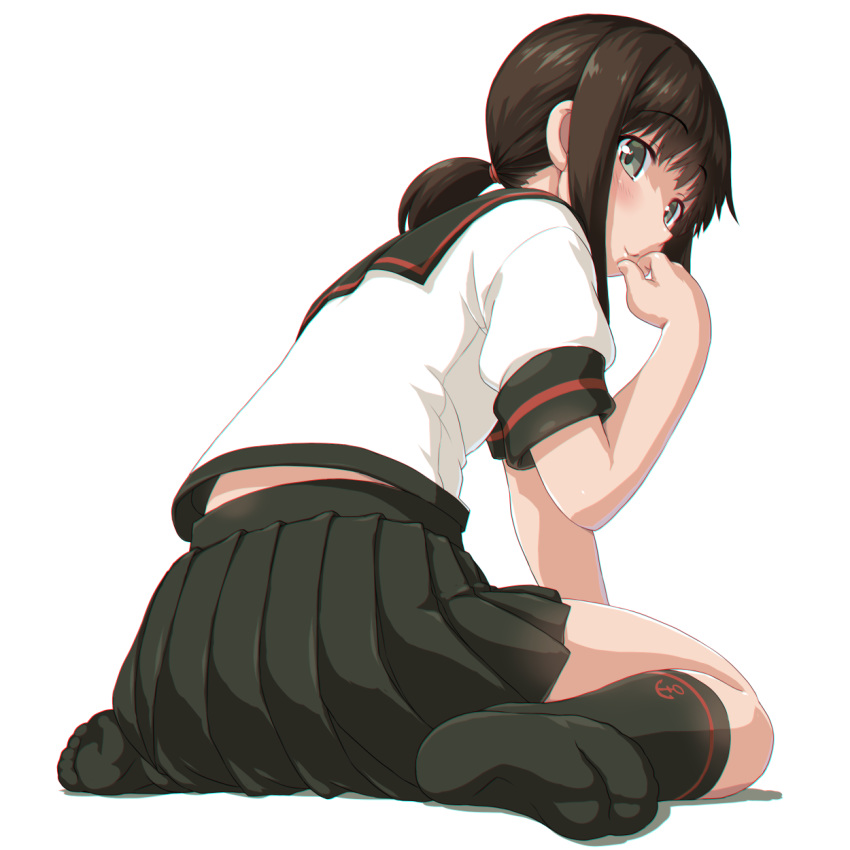 1girl anchor anchor_symbol bangs black_legwear black_sailor_collar black_skirt blush brown_hair dd_(ijigendd) eyebrows_visible_through_hair fubuki_(kantai_collection) grey_eyes highres kantai_collection kneehighs low_ponytail no_shoes pleated_skirt pony remodel_(kantai_collection) sailor_collar school_uniform serafuku shadow short_sleeves simple_background sitting skirt smile solo white_background