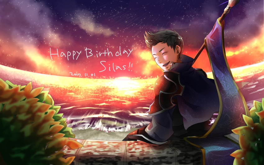 1boy closed_eyes collared_cape dated dusk fire_emblem fire_emblem_fates happy_birthday highres holding holding_polearm holding_weapon kedama_mosamosa male_focus open_mouth polearm quiff silas_(fire_emblem) sky star_(sky) starry_sky weapon