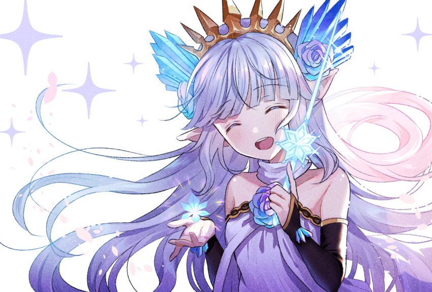 1girl ^_^ bangs bare_shoulders black_gloves blue_hair blunt_bangs bridal_gauntlets closed_eyes commentary_request detached_sleeves dress elbow_gloves eyebrows_visible_through_hair facing_viewer flower gloves granblue_fantasy hair_flower hair_ornament head_tilt highres ice_crystal lily_(granblue_fantasy) long_hair myusha open_mouth pointy_ears solo sparkle strapless strapless_dress tiara upper_body upper_teeth