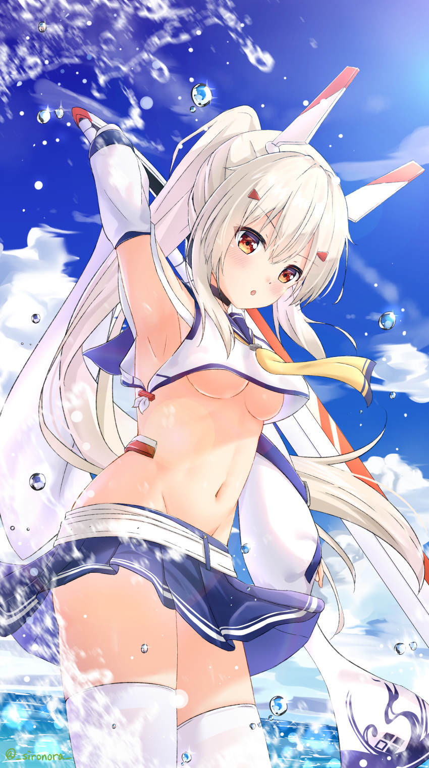 1girl :o absurdres arm_up armpits ayanami_(azur_lane) azur_lane bangs bare_shoulders belt black_choker blue_sailor_collar blue_sky blush breasts choker clouds commentary_request cowboy_shot crop_top day detached_sleeves eyebrows_visible_through_hair groin hair_between_eyes hair_ornament headgear high_ponytail highres holding holding_sword holding_weapon long_hair midriff navel neckerchief ocean orange_eyes platinum_blonde_hair pleated_skirt ponytail retrofit_(azur_lane) sailor_collar shironora shirt sidelocks skirt sky small_breasts solo standing sword thigh-highs twitter_username under_boob water_drop waves weapon white_belt white_legwear white_shirt white_sleeves wide_sleeves wind wind_lift yellow_neckwear zettai_ryouiki