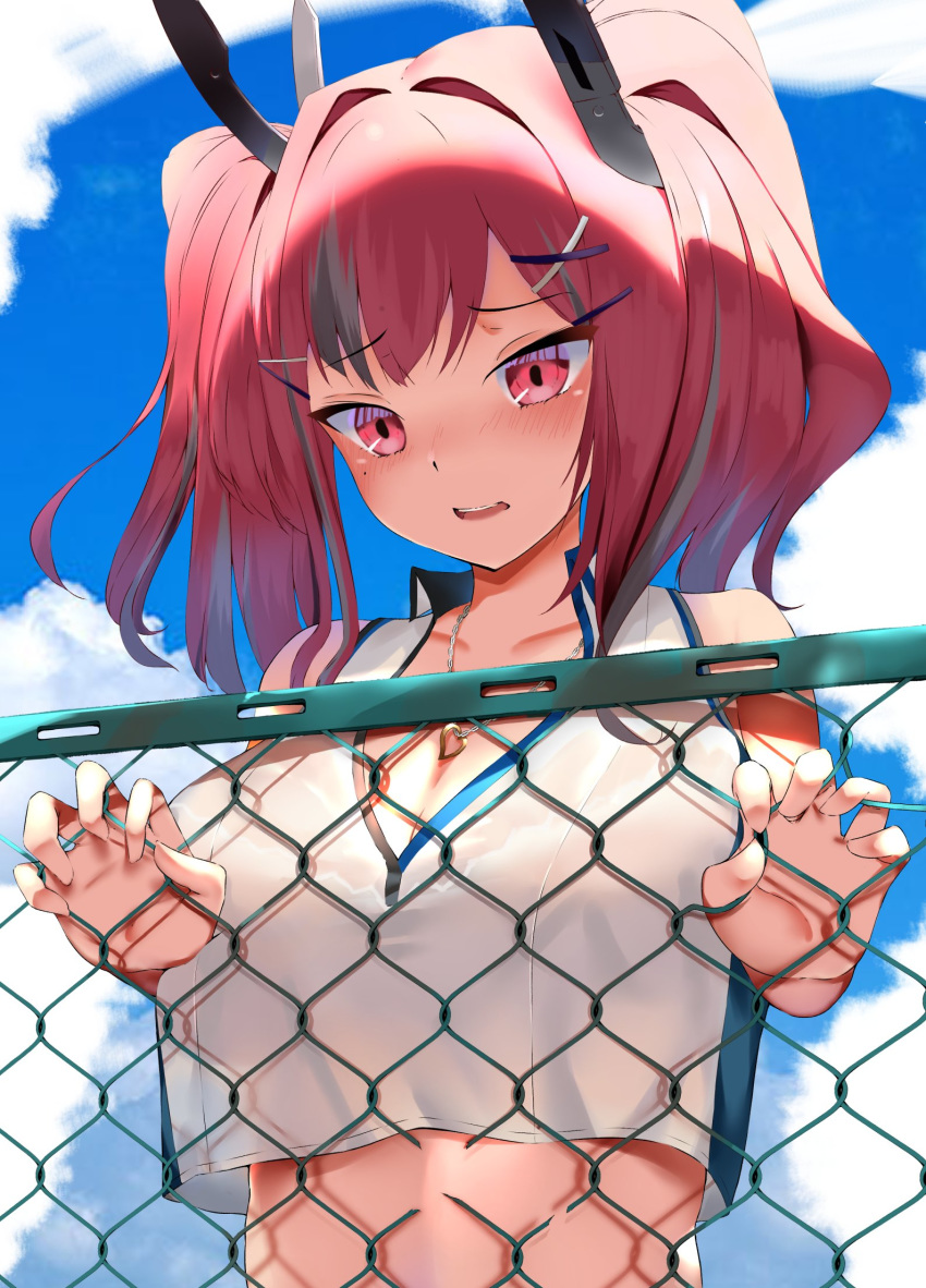 ashita_no_sakuya azur_lane blush bremerton_(azur_lane) bremerton_(scorching-hot_training)_(azur_lane) crop_top crop_top_overhang fence hair_ornament heart heart_necklace highres multicolored_hair pink_eyes pink_hair sportswear streaked_hair tennis_uniform twintails two-tone_shirt x_hair_ornament