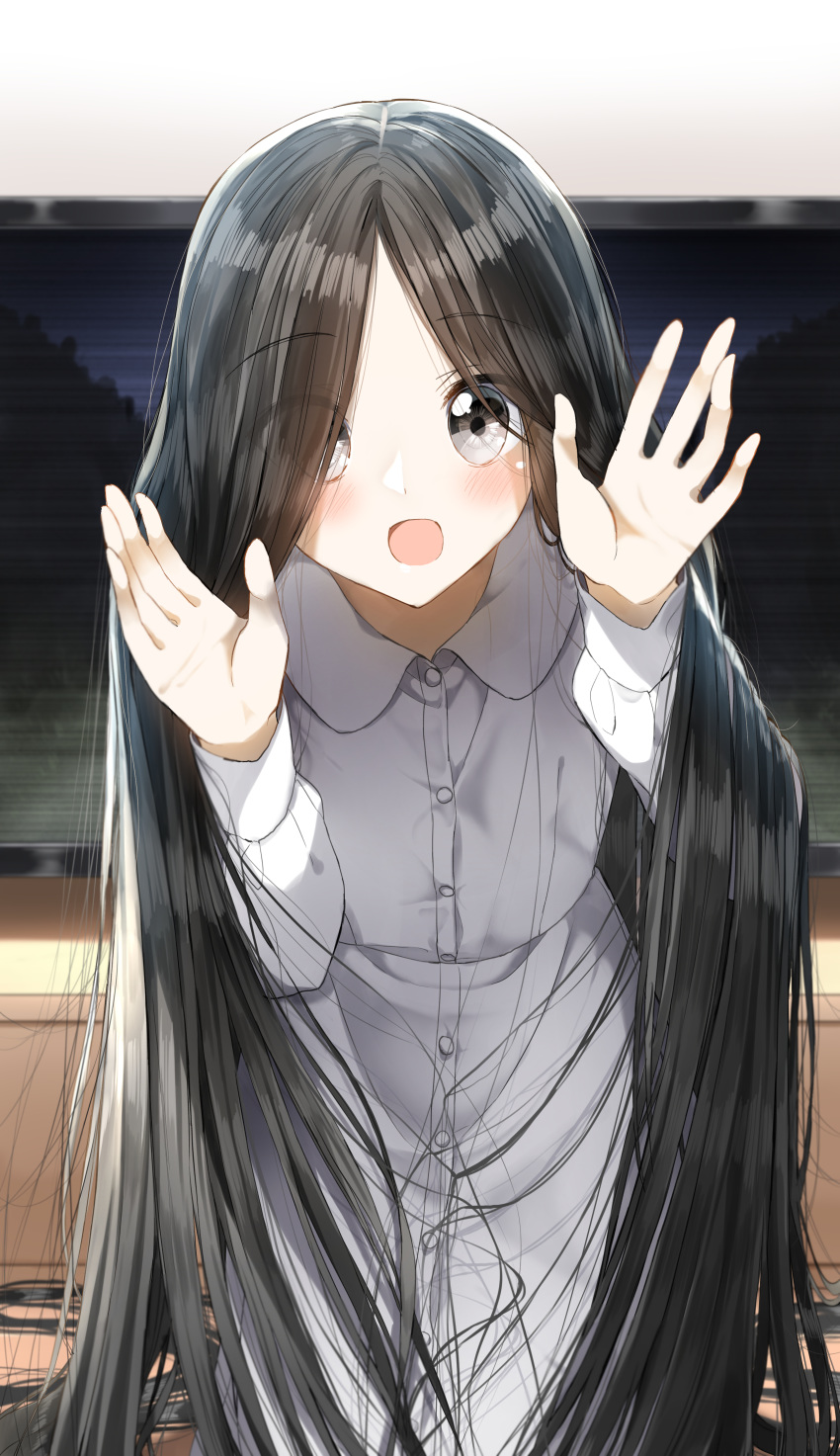 1girl :d absurdly_long_hair absurdres bangs black_hair blush dress eyebrows_visible_through_hair eyes_visible_through_hair flat_screen_tv grey_eyes hair_over_one_eye hands_up highres indoors long_hair long_sleeves open_mouth pentagon_(railgun_ky1206) shirt smile solo television the_ring very_long_hair white_dress yamamura_sadako