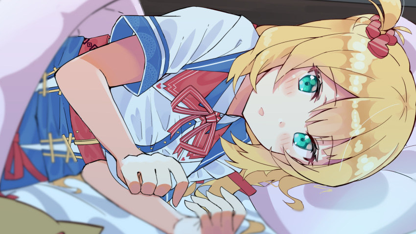1girl akai_haato aqua_eyes bed blanket blonde_hair blue_skirt blurry blush_stickers breasts collared_shirt commentary depth_of_field eyebrows_visible_through_hair hair_between_eyes hair_ornament heart heart_hair_ornament highres hololive indoors long_hair looking_at_viewer lying medium_breasts neck_ribbon on_side open_mouth pillow red_ribbon ribbon shirt short_sidetail short_sleeves side_ponytail skirt solo striped striped_ribbon tsumayouji_(tumayog) under_covers virtual_youtuber white_shirt wing_collar