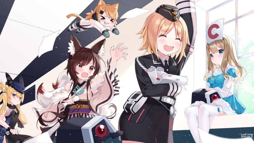 &gt;_&lt; 5girls absurdres alternate_costume animal_ears cat_ears cat_girl cat_tail closed_eyes commission dinergate_(girls_frontline) fox_ears fox_girl fox_tail girls_frontline hat highres hoshi_usagi idw_(girls_frontline) military military_hat military_uniform mp40_(girls_frontline) multiple_girls multiple_tails sr-3mp_(girls_frontline) suomi_kp31_(girls_frontline) tail type_79_(girls_frontline) uniform wehrmacht