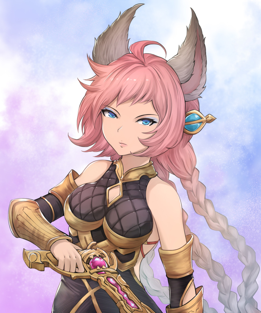 1girl absurdres ahoge animal_ears bangs bare_shoulders blue_eyes bracer braid breasts cat_ears closed_mouth detached_sleeves esser granblue_fantasy gun hair_ornament highres holding holding_gun holding_weapon large_breasts long_braid long_hair long_sleeves looking_at_viewer multicolored multicolored_background multiple_braids pink_hair solo upper_body weapon yuki7128