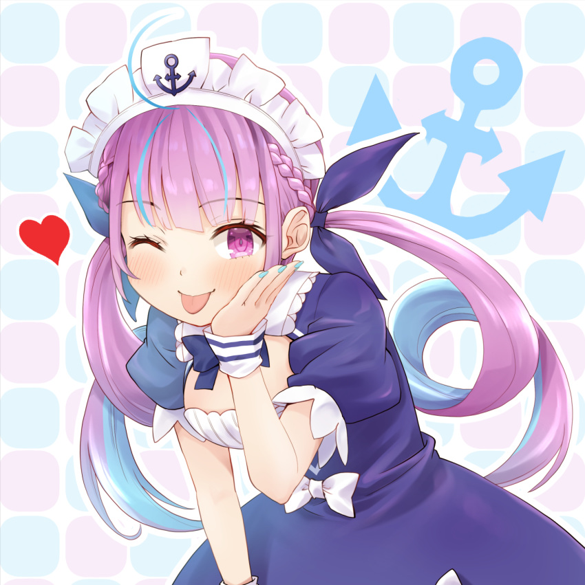 anchor_symbol blue_hair blue_nails bow cleavage_cutout dress hand_on_own_cheek haniwa_(leaf_garden) heart highres hololive long_hair maid maid_headdress minato_aqua multicolored_hair one_eye_closed purple_hair solo streaked_hair tongue tongue_out translation_request twintails upper_body violet_eyes virtual_youtuber wrist_cuffs