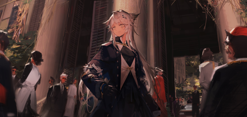 1girl animal_ears arknights bangs black_coat black_dress coat commentary crowd dress grey_eyes hair_ornament hairclip huanxiang_heitu lappland_(arknights) long_hair long_sleeves scar scar_across_eye shirt silver_hair smile symbol_commentary upper_body very_long_hair white_shirt wolf_ears