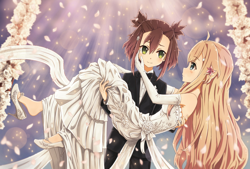 2girls absurdres ahoge bangs blonde_hair blue_eyes blush bow bowtie bride brown_hair carrying commentary doi_tamako dress eye_contact flower green_eyes groom hair_flower hair_ornament hand_on_another's_face high_heels highres itaro iyojima_anzu lens_flare light_rays lily_(flower) long_hair looking_at_another multiple_girls nogi_wakaba_wa_yuusha_de_aru petals princess_carry shoe_dangle shoes short_hair tuxedo twintails wife_and_wife yuri yuuki_yuuna_wa_yuusha_de_aru yuusha_de_aru