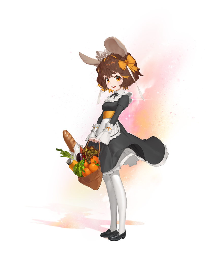 1girl absurdres animal_ears apron bad_kim bag baguette black_dress blonde_hair blush bow bread broccoli brown_eyes brown_hair dress eggplant eyebrows food fruit full_body grocery_bag hair_bow highres loafers looking_at_viewer maid maid_headdress multicolored_hair orange original pantyhose rabbit_ears shoes shopping_bag smile solo sparkle spring_onion streaked_hair two-tone_hair vegetable waist_apron white_legwear