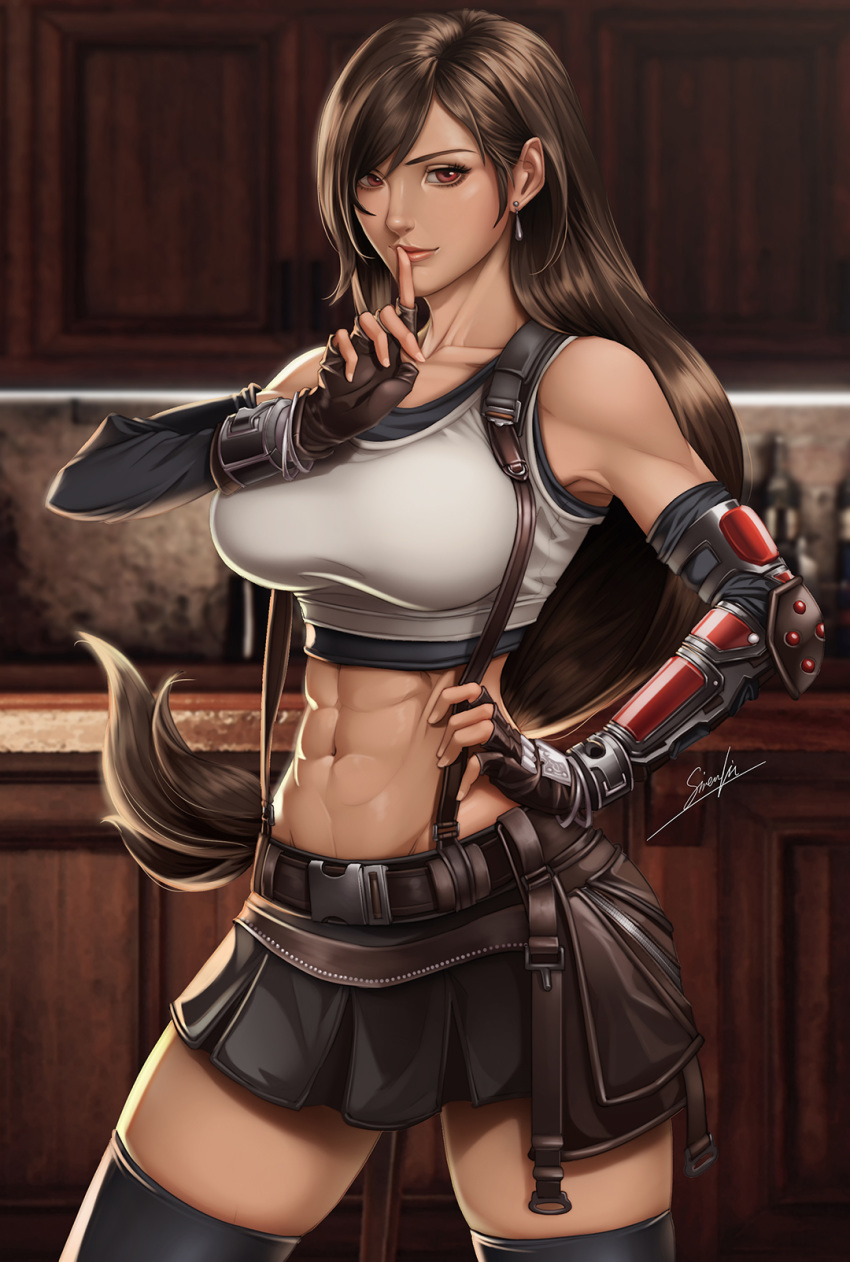 1girl abs arm_guards bangs black_gloves black_legwear black_skirt bottle breasts brown_hair cabinet collarbone crop_top earrings elbow_gloves final_fantasy final_fantasy_vii final_fantasy_vii_remake finger_to_mouth fingerless_gloves gloves hand_on_hip highres indoors jewelry large_breasts long_hair looking_at_viewer low-tied_long_hair navel pleated_skirt red_eyes shushing sirenlin skirt sleeveless solo sports_bra suspender_skirt suspenders tank_top thigh-highs tifa_lockhart very_long_hair white_crop_top white_tank_top wine_bottle zettai_ryouiki