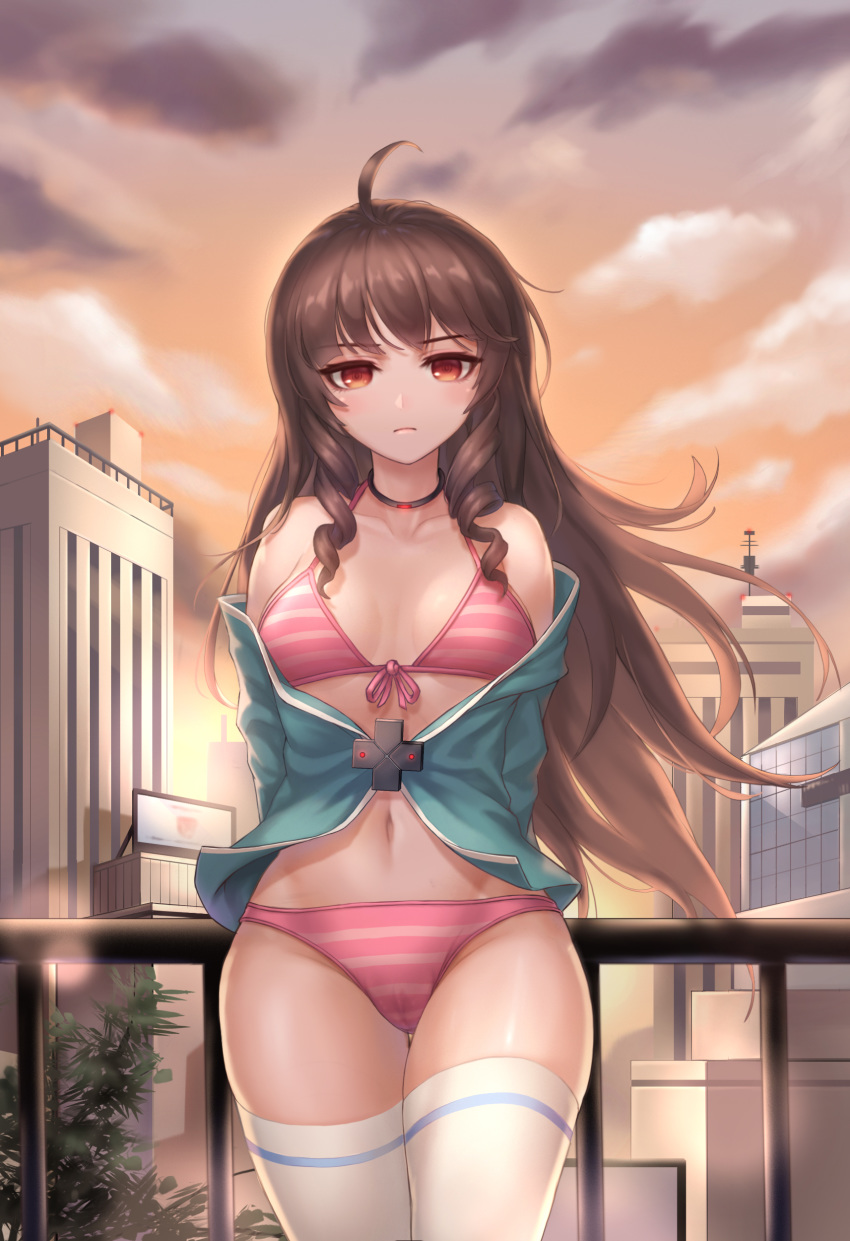 1girl absurdres against_railing ahoge aqua_jacket arms_behind_back bangs bare_shoulders bikini black_choker blush breasts brown_hair building choker city closed_mouth clouds collarbone commission cowboy_shot evening eyebrows_visible_through_hair front-tie_bikini front-tie_top highres jacket kie_(wylee2212) lily_bloomerchen long_hair navel off_shoulder open_clothes open_jacket orange_sky outdoors pink_bikini pink_ribbon red_eyes ribbon ringlets sky small_breasts solo soul_worker stomach striped striped_bikini swimsuit thigh-highs thigh_gap very_long_hair white_legwear