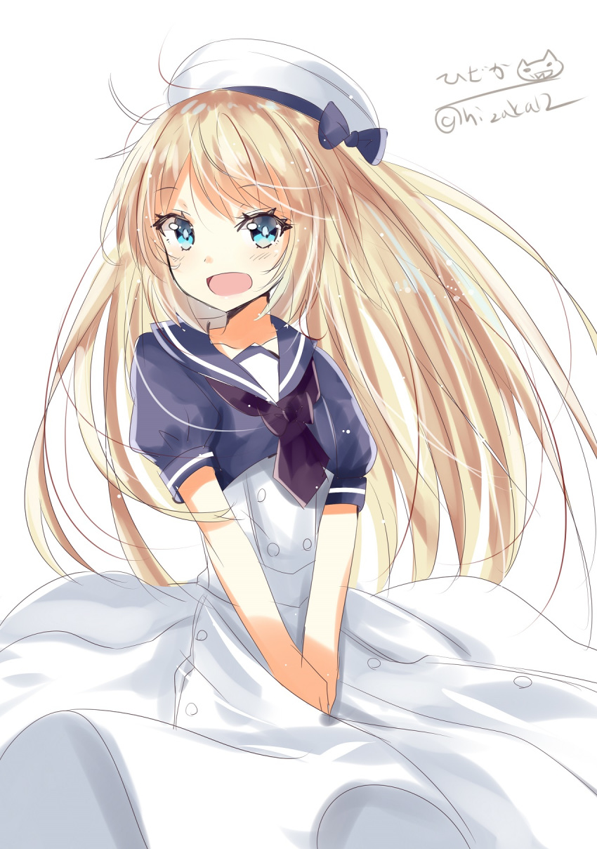 1girl blonde_hair blue_eyes blue_sailor_collar blush dress eyebrows_visible_through_hair gloves hair_between_eyes hair_ornament hat highres hizaka jervis_(kantai_collection) kantai_collection long_hair looking_at_viewer open_mouth sailor_collar sailor_dress sailor_hat school_uniform short_sleeves simple_background smile solo twitter_username white_background white_dress white_gloves white_headwear wind wind_lift