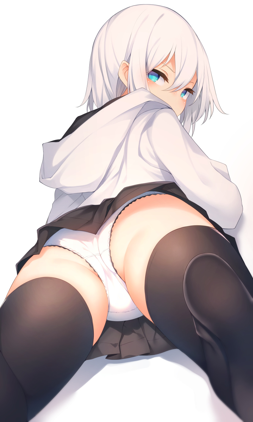 1girl absurdres ass black_legwear black_skirt blue_eyes blush eyebrows_visible_through_hair from_behind hair_ornament hairclip highres hood hoodie long_sleeves looking_at_viewer looking_back lying on_stomach original otokuyou panties pleated_skirt revision ringo-chan_(otokuyou) short_hair simple_background skirt soles solo thigh-highs underwear white_background white_hair white_panties