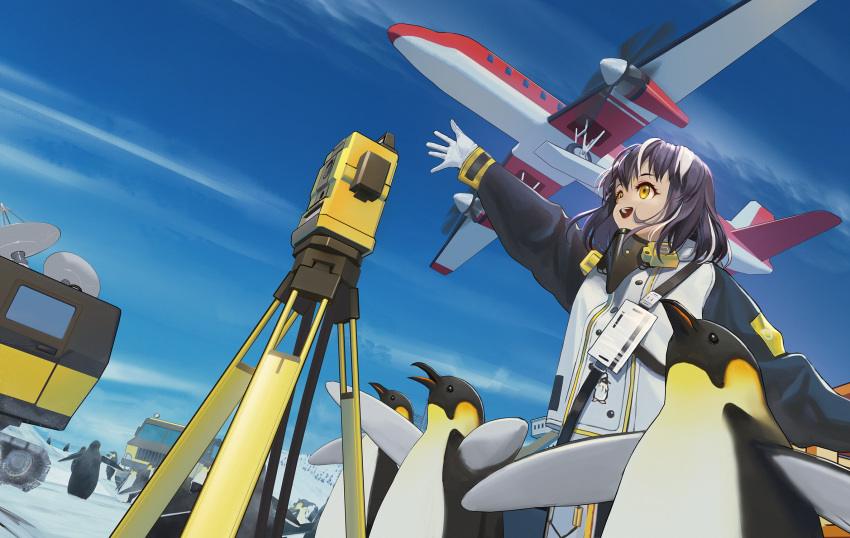 1girl :d aircraft airplane arknights arm_up bangs bird black_hair blue_sky chinese_commentary commentary_request day emperor_penguin gloves ground_vehicle highres jacket long_sleeves magallan_(arknights) multicolored_hair open_mouth outdoors penguin raglan_sleeves satellite_dish short_hair sky smile streaked_hair ttk_(kirinottk) upper_body white_gloves white_hair white_jacket yellow_eyes