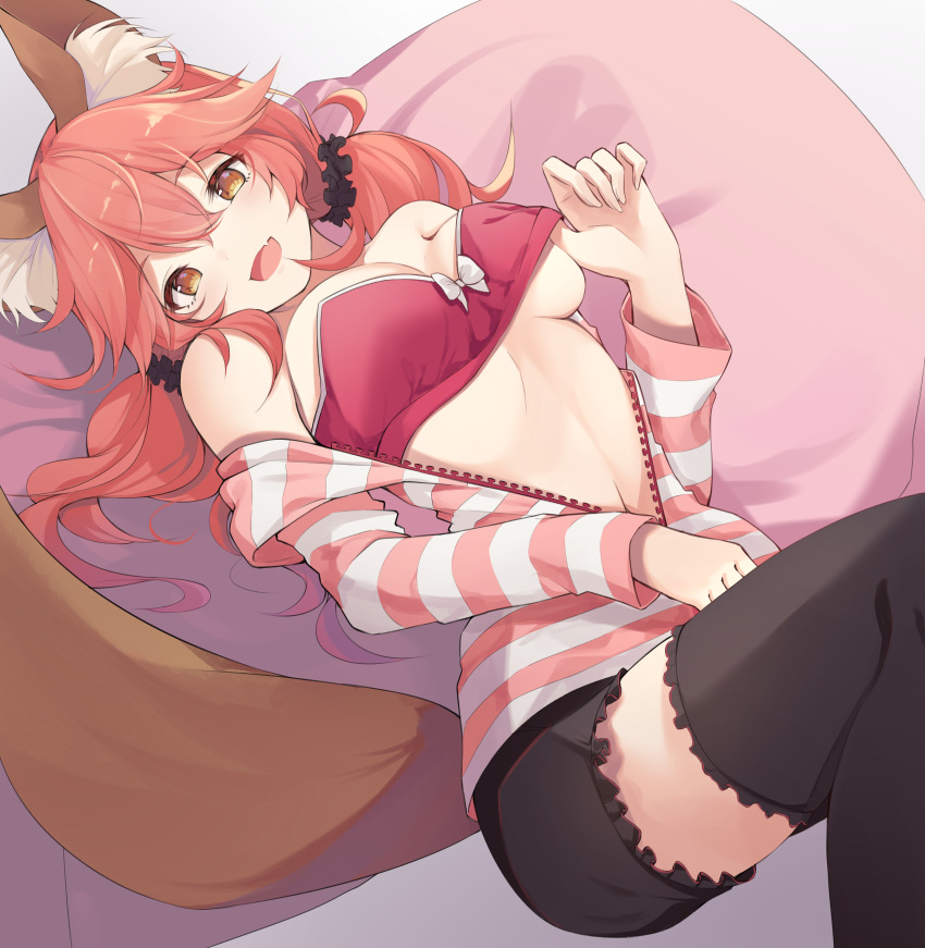 1girl absurdres animal_ear_fluff animal_ears black_legwear black_shorts bow bow_bra bra breasts brown_eyes fang fate/grand_order fate_(series) fox_ears fox_tail hair_ornament hair_scrunchie highres long_hair long_sleeves looking_at_viewer lying medium_breasts on_back open_mouth pillow pink_hair red_bra scrunchie short_shorts shorts skin_fang smile solo striped striped_sweater sweater tail tamamo_(fate)_(all) tamamo_no_mae_(fate) thigh-highs twintails underwear z_loader