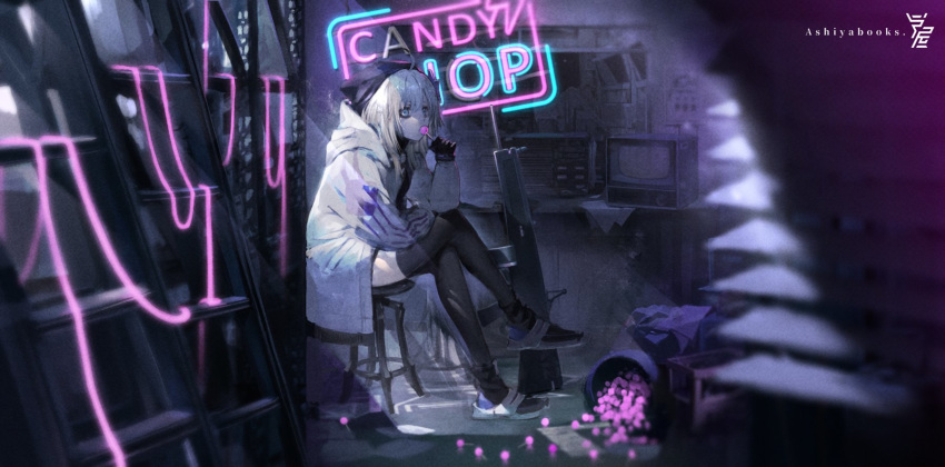 1girl aa-12 aa-12_(girls_frontline) aizawa_masaya candy candy_store crossed_legs eating english_text food girls_frontline gun highres hood hooded_jacket jacket lollipop neon_lights radio shop shotgun solo stool television thigh-highs weapon