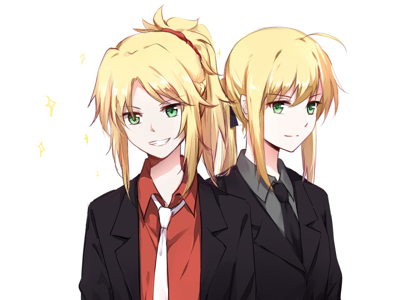 2girls ahoge artoria_pendragon_(all) black_ribbon fate/apocrypha fate/zero fate_(series) formal gemi_25 green_eyes grey_shirt highres mordred_(fate) mordred_(fate)_(all) multiple_girls necktie ponytail red_scrunchie red_shirt ribbon saber scrunchie shirt smile sparkle suit upper_body white_background white_neckwear