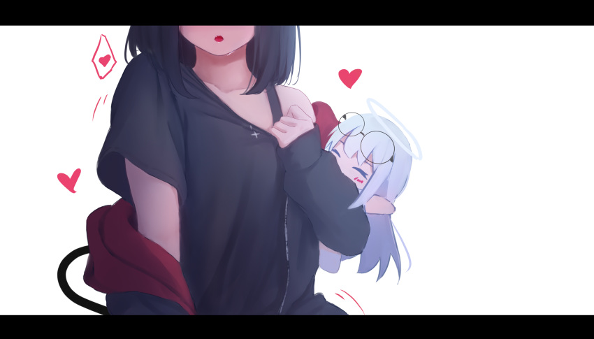 2girls :o bare_shoulders black_jacket black_shirt blush closed_eyes collarbone halo head_out_of_frame heart highres jacket long_hair long_sleeves multiple_girls open_mouth original red_jacket shimmer shirt shirt_pull short_sleeves simple_background tail white_background white_hair