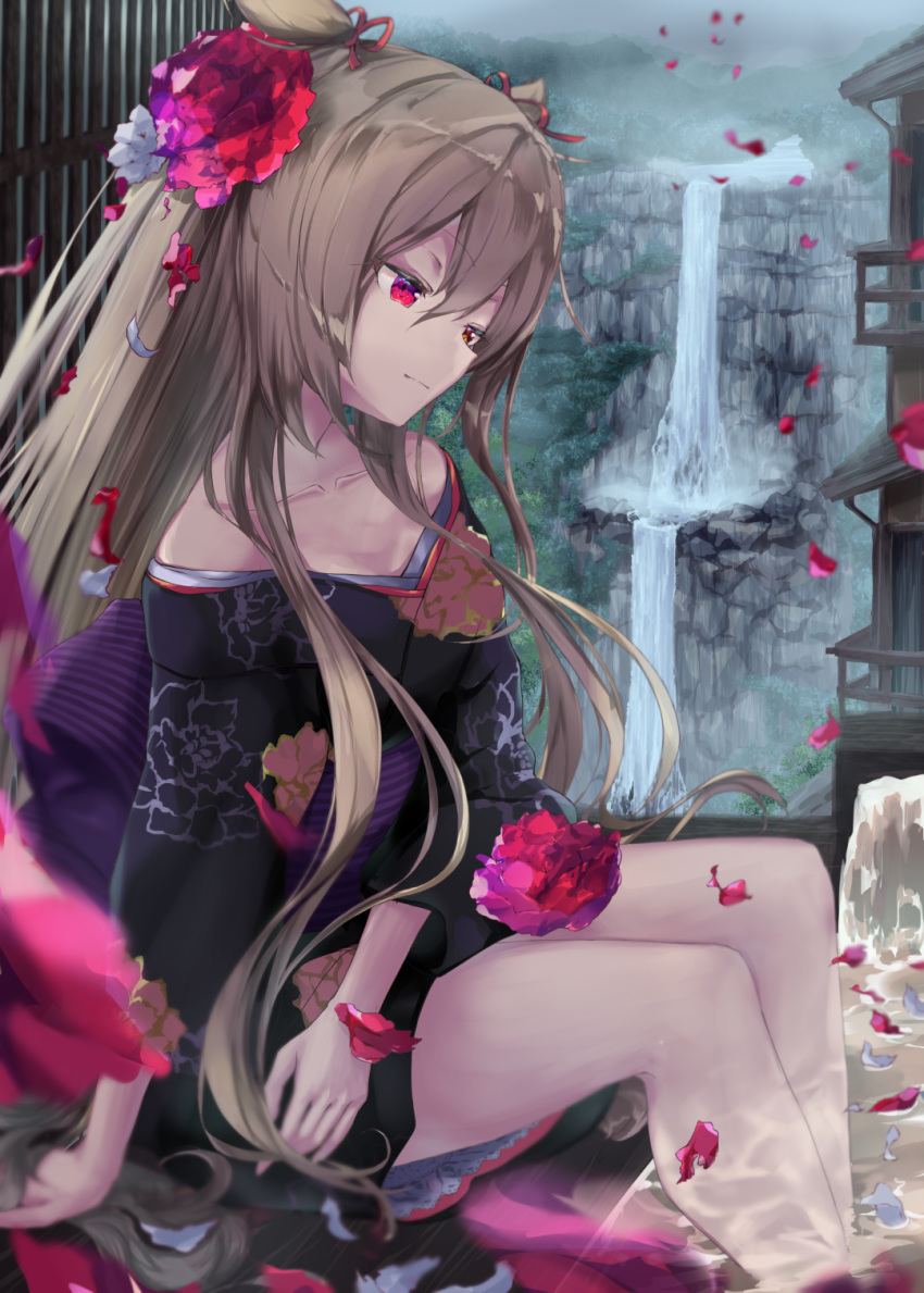 1girl alternate_costume black_kimono blue_flower blush breasts brown_eyes brown_hair commentary_request floral_print flower hair_flower hair_ornament hair_ribbon heterochromia highres japanese_clothes kantai_collection kimono lajhen2651 long_hair long_sleeves murasame_(kantai_collection) petals red_eyes red_flower red_ribbon red_rose ribbon rose sitting solo stream twintails water waterfall wide_sleeves