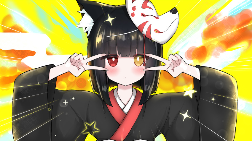 1girl absurdres animal_ears bangs black_hair blunt_bangs blush cat_ears double_v emotional_engine_-_full_drive emphasis_lines eyebrows_visible_through_hair fox_mask hands_up heterochromia highres kuchinashi_(not_on_shana) long_sleeves looking_at_viewer mask mask_on_head multicolored multicolored_background not_on_shana original parody short_hair solo sparkle star upper_body v wide_sleeves