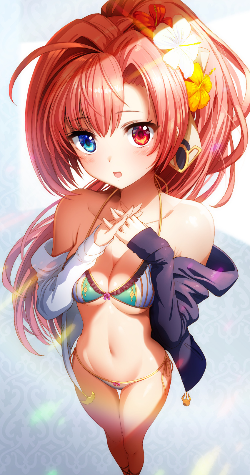 1girl absurdres ahoge bikini blue_eyes breasts collarbone eyebrows_visible_through_hair flower foreshortening gibagiba hair_flower hair_ornament heterochromia highres interlocked_fingers long_hair looking_at_viewer medium_breasts monster_strike navel open_mouth ponytail red_eyes redhead shirt side-tie_bikini solo standing swimsuit thigh_gap thighs two-tone_shirt