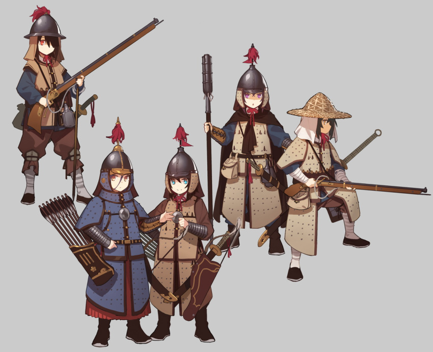 5girls armor arrow black_hair blue_eyes bow_(weapon) brown_hair cape chinese_armor commentary fangdan_runiu full_armor grey_background gun hair_between_eyes hair_over_one_eye hat helmet holding holding_gun holding_weapon looking_at_viewer multiple_girls original quiver sheath sheathed simple_background smile sword violet_eyes weapon