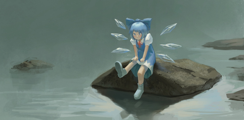 1girl blue_eyes blue_hair blush bow cirno dress faux_traditional_media fjsmu fog frown hair_bow highres ice ice_wings lake neck_ribbon outdoors ribbon rock shadow shoes short_hair sitting solo touhou water wings