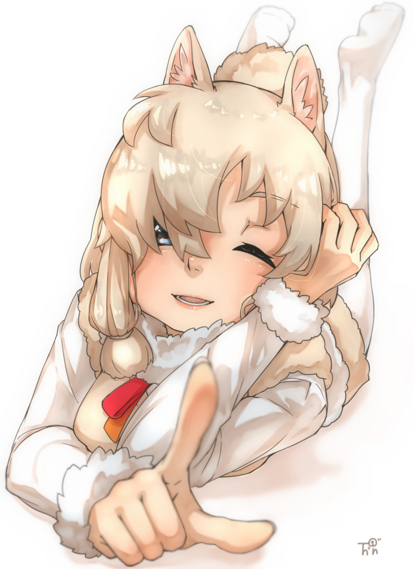 1girl alpaca_ears alpaca_suri_(kemono_friends) animal_ears arm_support artist_logo bangs blonde_hair blue_eyes commentary_request eyebrows_visible_through_hair feet_up fingernails foreshortening full_body fur-trimmed_sleeves fur_scarf fur_trim hair_bun hair_over_one_eye highres horizontal_pupils kemono_friends lips long_sleeves looking_at_viewer lying medium_hair on_stomach one_eye_closed open_mouth pantyhose pointing pointing_at_viewer scarf shiny shiny_hair shirt smile solo sweater_vest thin_(suzuneya) white_legwear white_shirt