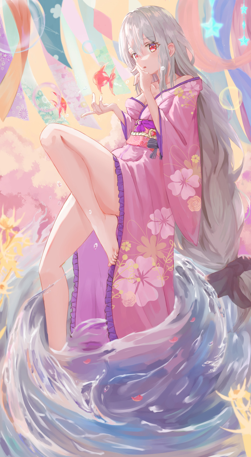 absurdres arknights bare_legs bare_shoulders barefoot bubble feet fish flower highres japanese_clothes kimono long_hair looking_at_viewer low-tied_long_hair niino1123 pink_kimono red_eyes silver_hair skadi_(arknights) waves
